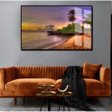yaz Manzaralı Sarı Tropikal Deniz Manzarası 2|çerçeveli Temperli Cam Tablo Tekli Yatay