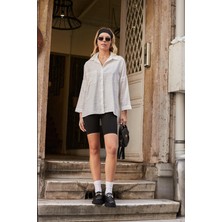 Kadın Likrasız Keten Kumaş Yakalı Cepli Düşük Omuzlu Salaş Oversize Tunik Gömlek-Krem