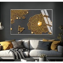 gri-Gold Çiçek Kelebek Desenli Şekil 1|çerçeveli Temperli Cam Tablo Tekli Yatay