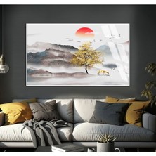 soft Gri-Gold Renk Dağ Göl Manzara Modeli |çerçeveli Temperli Cam Tablo Tekli Yatay