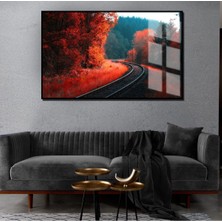 sonbahar Manzaralı Kırmızı Tren Rayı Detaylı 1|çerçeveli Temperli Cam Tablo Tekli Yatay