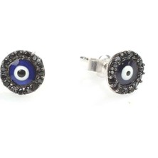 Nusret Takı 925 Ayar Gümüş Nazar Boncuklu Lacivert Mineli Yuvarlak Küpe, Siyah Taşlı