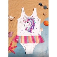 Milays Kız Çocuk Unicorn Baskılı Eteği Renkli Tül Detaylı Mayo