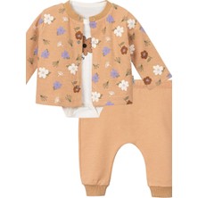 Motebarn Wear Kız Bebek Çiçek Desenli Kız Bebek Üçlü Takım Zıbınlı Kahverengi
