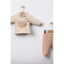 Motebarn Wear Erkek Bebek Kapüşonlu Kapitone Pelüş Alt-Üst Takım Krem