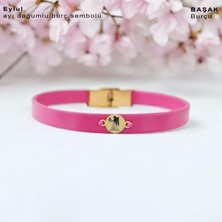 Altın Plakalı 14 Ayar Kadınlara Özel Özgün Derili Yuvarlak Motifli Burç Bilekliği-394Burç-Pembe