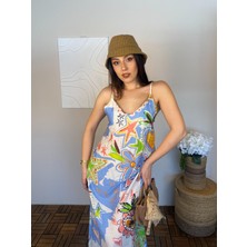 Kadın Ince Askılı Kalp Yıldız Karışık Desenli Yazlık Trend Midi Elbise