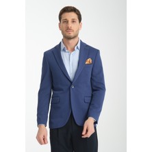 Frappoli Bortolo Erkek Lacivert Örme  Esneyen Likralı Mono Yaka Slim Fit Blazer Ceket 