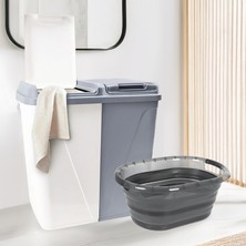 2'li Çamaşır Sepeti Seti - 90LT Iki Bölmeli Kirli Çamaşır Sepeti Akordiyon Katlanabilir Sepet Platin