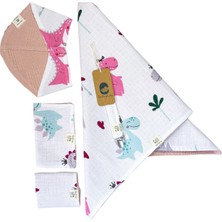 Pembe Dino Desenli %100 Pamuklu 2 Katlı Müslin & Pike 5'li Bebek Seti, Bebek Battaniyesi, Mendil