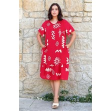 Kadın Desenli Kısa Kol Kırmızı Cepli Fırfırlı Büyük Beden Elbise Viskon Yazlık Plaj Tatil Elbisesi