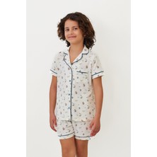 Çocuk Seageo Yelken Desenli Düğmeli Şortlu Pijama Takımı Ekru