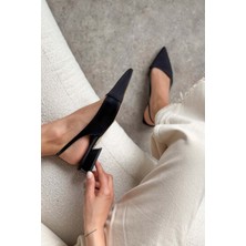 Nişantaşı Shoes Viktor Siyah Saten Önü Sarı Siyah Bilek Kemer Detaylı Sivri Burun Kısa Topuklu Kadın Babet