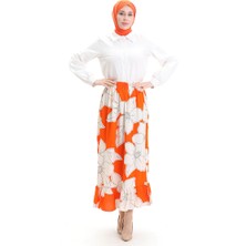 Sefa Merve Viskon Kumaş Beli Lastikli Fırfırlı Etek 2012E-03 Oranj