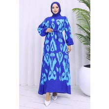 Sefa Merve Viskon Kumaş Desenli Kuşaklı Elbise 2033-07 Saks Turkuaz