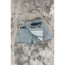 New Kids Cepli %100 Pamuk Kız Çocuk Kot Şort Etek Mavi Normal Bel Standart Kalıp