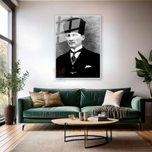 Dikey Metal Çerçeveli Cam Siyah Beyaz Atatürk Tablosu Çerçeveli Cam Ofis Ev Tablosu Duvar Dekoru