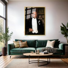 Karizmatik Atatürk Görseli Metal Çerçeveli Cam Tablo Modeli Dikey Duvar Tablosu Ev Ofis Dekoru
