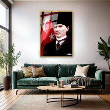 Atatürk ve Bayrak Metal Çerçeveli Cam Tablo Dikey Duvar Tablosu Ofis Ev Dekoru Atatürk Portresi