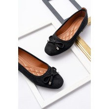 Potin Siyah Süet Fiyonklu ( 2 Cm) Oval Burunlu Günlük Kullanım Babet