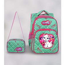 Waddell Lisanslı Mint Yeşili Kedi Desenli Ilkokul Sırt Çantası ve Beslenme Çantası Seti – Emboss Kumaş, Sevimli Tasarım