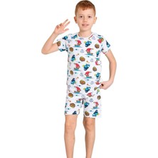 Elmkp Beyaz Papağan Desen Erkek Çocuk Şortlu Pijama Takımı 3-10 Yaş 3208