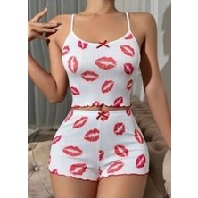 Askılı Dudak Desenli Şortlu Pijama Takımı 2li