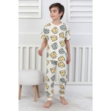 Isob Ekru Gülen Surat Desenli %100 Pamuk Kısa Kollu Erkek Çocuk Pijama Takımı 3-8 Yaş 41322-41510-E