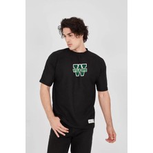 Unisex Waffle Kumaş Çift Katlamalı Kol Baskılı T-Shirt - Siyah