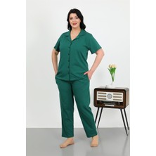 Moda Serdem Kadın Büyük Beden Pamuklu Cepli Düğmeli Zümrütyeşili Pijama Takım 202507