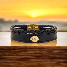 Altın Plakalı 14 Ayar Erkeklere Özel Sonsuzluk Detaylı Yuvarlak Motifli Özgün Derili Bileklik-396sonsuz-Siyah