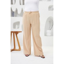 Beli Lastikli Geniş Paça Büyük Beden Pantolon Krem