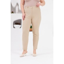 Cep Detaylı Büyük Beden Kumaş Pantolon Krem