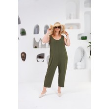 Cep Detaylı Büyük Beden Tulum Haki