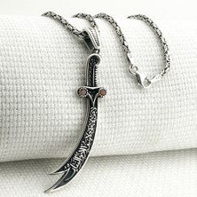 925 Ayar Gümüş Kırmızı Taşlı La Feta Illa Ali La Seyfe Illa Zülfikar Kral Zincir Kolye