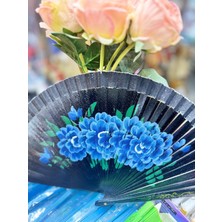 Yelpaze Bambu Çift Taraflı Çiçekli El Boyama Siyah