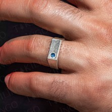 925 Ayar Gümüş Mavi Zirkon Taşlı Sade Erkek Yüzük