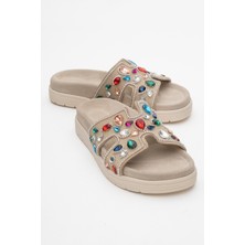 Brave Bej  Deri Renkli Taşlı Kadın Terlik