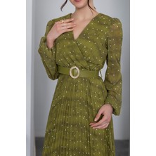 Neşeli Butik Kadın Kemerli Puantiye Desenli Şifon Elbise NBMY3286