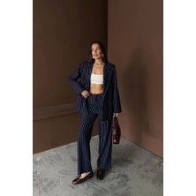 Defy Moda Lacivert Çizgili Ceket ve Pantolon Takım