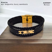 14 Ayar Plakalı Altın Özgün Derili Taç Detaylı Dikdörtgen Figürlü Erkeklere Özel Doğum Ay Bilekliği-397ay-Siyah