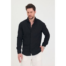 Erkek Kendinden Çizgi Detaylı Slim Fit Dar Kalıp Uzun Kol Gömlek