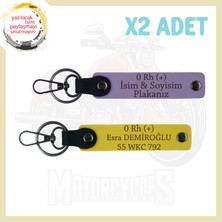 Mor Menekşe-Sarı, Hız Tutkununa Özel Isim Plaka ve 0 Rh (+) Kan Grubu Yazılı Deri 2'li Anahtarlık