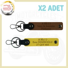 Açık Kahve-Sarı, Motorsikletçi Için Isim Plaka ve A(-) Kan Grubu Yazılı Özel Tasarım 2'li Anahtarlık