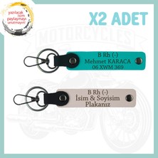 Pudra-K Turkuaz, Motora Uygun, Isim Plaka ve B Rh (-) Kan Grubu Yazılı Kişiye Özel 2'li Anahtarlık