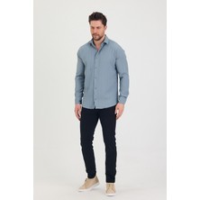 Erkek Kendinden Çizgi Detaylı Slim Fit Dar Kalıp Uzun Kol Gömlek