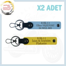 Sarı-Gök Mavi, Hız Severlere Özel, Isim Plaka ve B Rh (-) Kan Grubu Yazılı Deri 2'li Anahtarlık Set