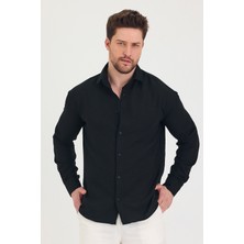 Erkek Slim Fit Dar Kalıp Uzun Kol Pamuklu Keten Efekt Gömlek