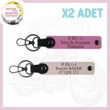 Pudra-Pembe, Motor Severlere, Isim Plaka ve B + Kan Grubu Yazılı Özel Tasarım Deri 2'li Anahtarlık