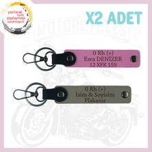 Kül Gri-Pembe, Motorcu Yolculara Özel, Isim Plaka ve 0 Rh (+) Kan Grubu Yazılı, 2'li Anahtarlık Set